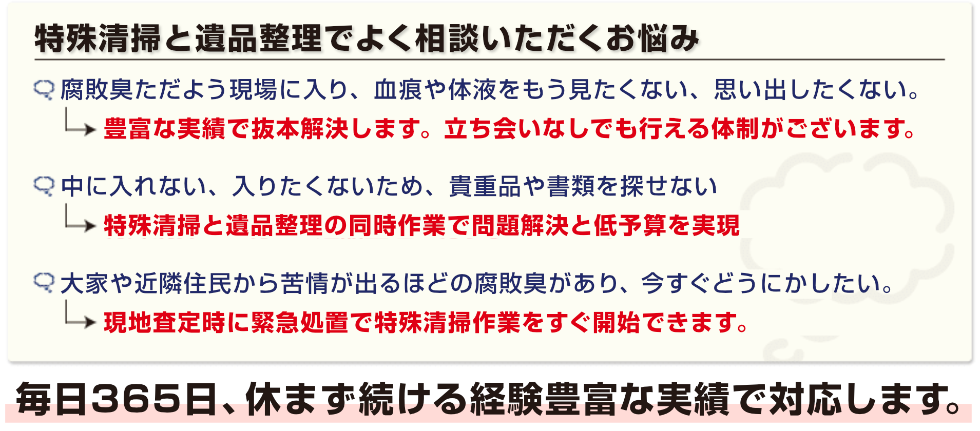 特殊清掃で現場を清掃している姿を撮影したものです。どんな凄惨な現場でもしっかりと対応します。孤独死・病死・自殺・事故死など亡くなられてから発見されるまでに時間が掛かってしまい、誰にも見つからなかった遺体は、様々なものを周囲に残します。「室内に体液が残っている」「殺人などで室内に血液が飛散している」など、発見までに数週間経過した現場は想像を絶します。ふくろうでは、12年以上の特殊清掃経験からお客様のお悩みを解決してきました。孤独死・病死・自殺・事故死など亡くなられてから発見されるまでに時間が掛かってしまい、誰にも見つからなかった遺体は、様々なものを周囲に残します。「室内に体液が残っている」「殺人などで室内に血液が飛散している」など、発見までに数週間経過した現場は想像を絶します。弊社ふくろうには、12年以上の特殊清掃経験者たちがしっかりと最後まで、事故物件の問題を解決してきております。特殊清掃と遺品整理でよく相談いただくお悩み。腐敗臭ただよう現場に入り、血痕や体液をもう見たくない、思い出したくない。豊富な実績で抜本解決します。立ち会いなしでも行える体制がございます。中に入れない、入りたくない為、貴重品や書類を探せない。特殊清掃と遺品整理の同時作業で問題解決と低予算を実現。大家や近隣住民から苦情から苦情が出るほどの腐敗臭があり、今すぐどうにかしたい。現地査定時に緊急処置で特殊清掃作業をすぐ開始できます。毎日365日、休まず続ける経験豊富な実績で対応します。